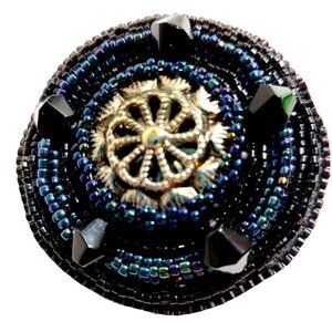 Handmade Vintage Medallion Brooch Faceted Hematite, Iridescent Glass Beaded